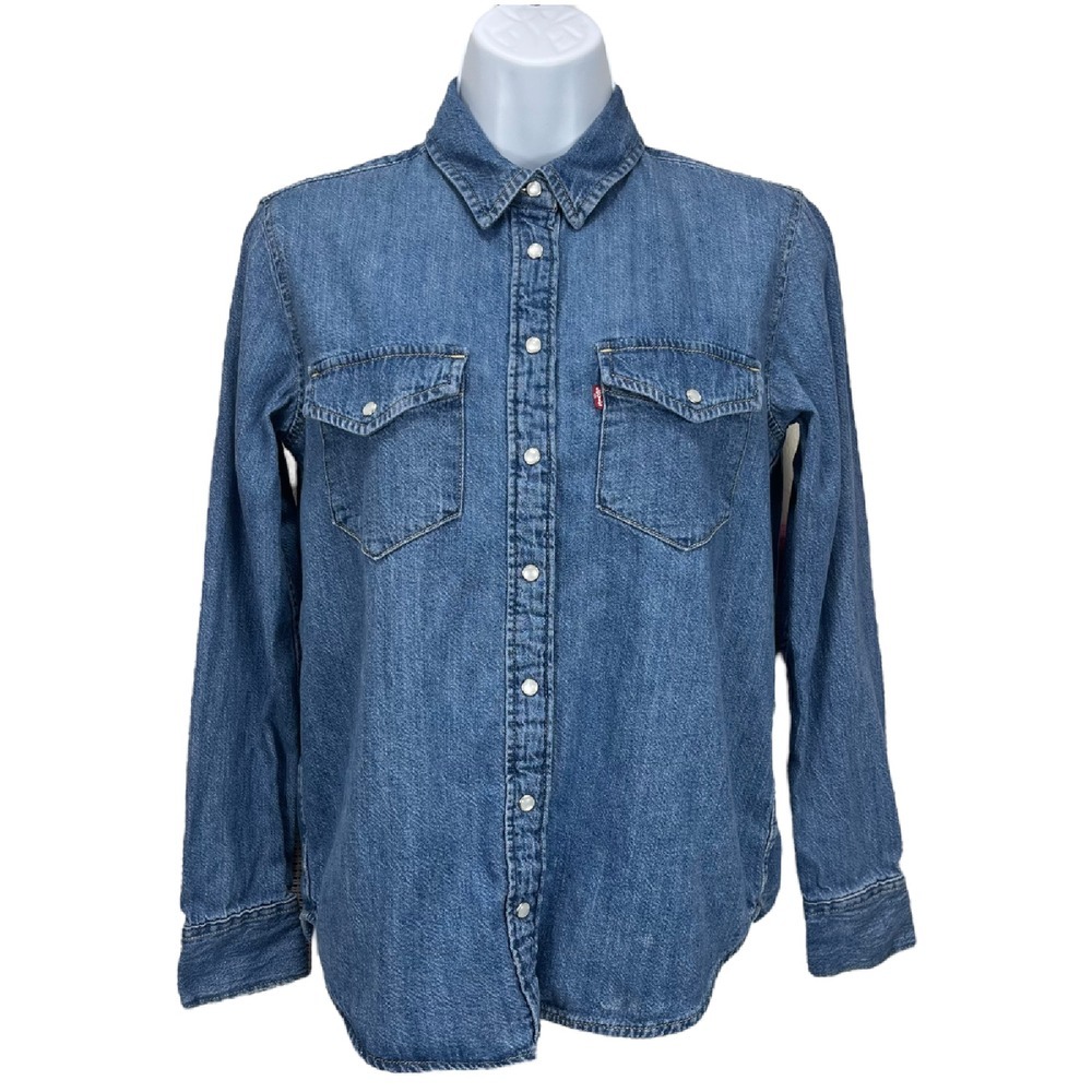 Levi Strauss & Co Women's‎ XS Blue Denim Long Sleeve Western Pearl Snap Shirt